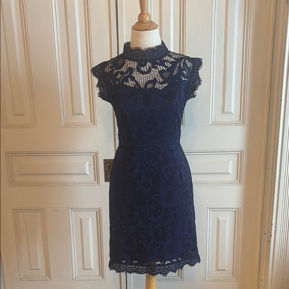 Sans Souci Blue Sheath Dress with Mock Neck